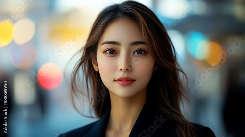 Wallpaper Mural A portrait of a woman with long hair, set against a blurred urban background, exuding confidence and allure. Torontodigital.ca