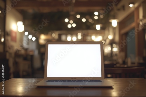 Laptop on a Wooden Table in a Cafe