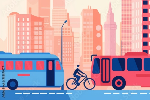 City transportation scene with bus, cyclist, and skyscrapers in vibrant colors.
