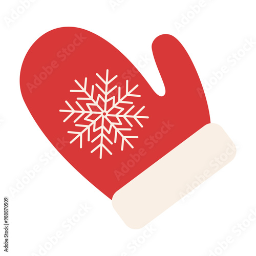 A red mitten with a snowflake on it. The snowflake is white and has a lot of detail. The mitten is red and white, and it looks like it's made of a soft material