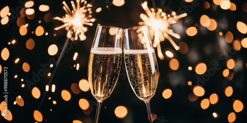 Two champagne flutes clink together in celebratory toast, with bright sparklers and warm, festive lights in background. Concept of winter holidays, fun, celebratory events, party. photo