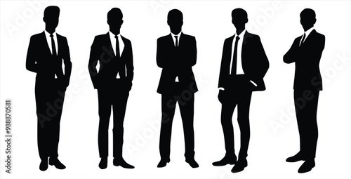 Vector silhouettes of men, a group of standing business people, profile, black color isolated on white background. Perfect for Logo, Design, and More.