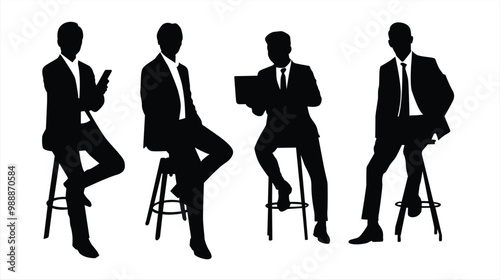 Vector silhouettes of men, Business Man Pose Male Sit Down, profile, black color isolated on white background. Perfect for Logo, Design, and More.
