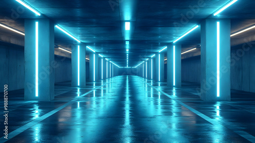 Blue Neon Lights in a Concrete Tunnel 3D Render