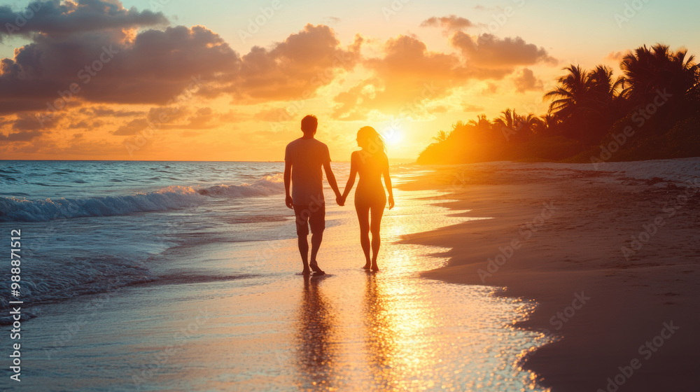 couple walking hand in hand on beach during stunning sunset, creating romantic atmosphere as waves gently lap at their feet couple walking hand in hand on beach during stunning sunset, creating romantic atmosphere as waves gently lap at their feet