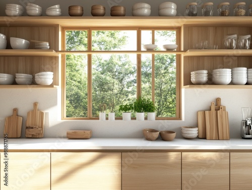 A kitchen with a window and a lot of dishes on the shelves. There are many bowls and plates on the shelves