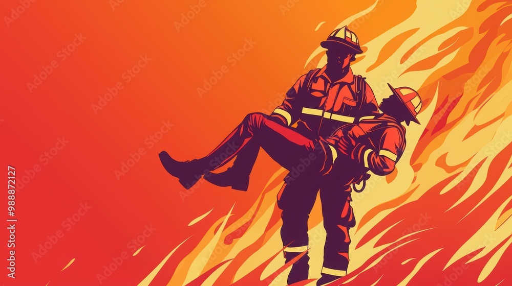Firefighter rescuing a person from flames in a dramatic, heroic scene. Firefighter rescuing a person from flames in a dramatic, heroic scene.
