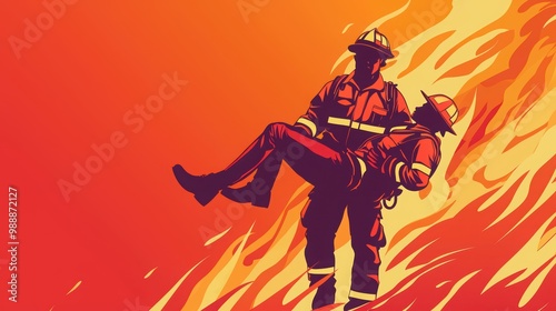 Firefighter rescuing a person from flames in a dramatic, heroic scene.