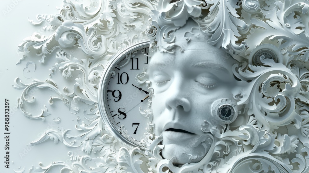 Intricate Paper Art Collage Depicting Time with Clock and Human Face Elements in Detailed White Design Intricate Paper Art Collage Depicting Time with Clock and Human Face Elements in Detailed White Design