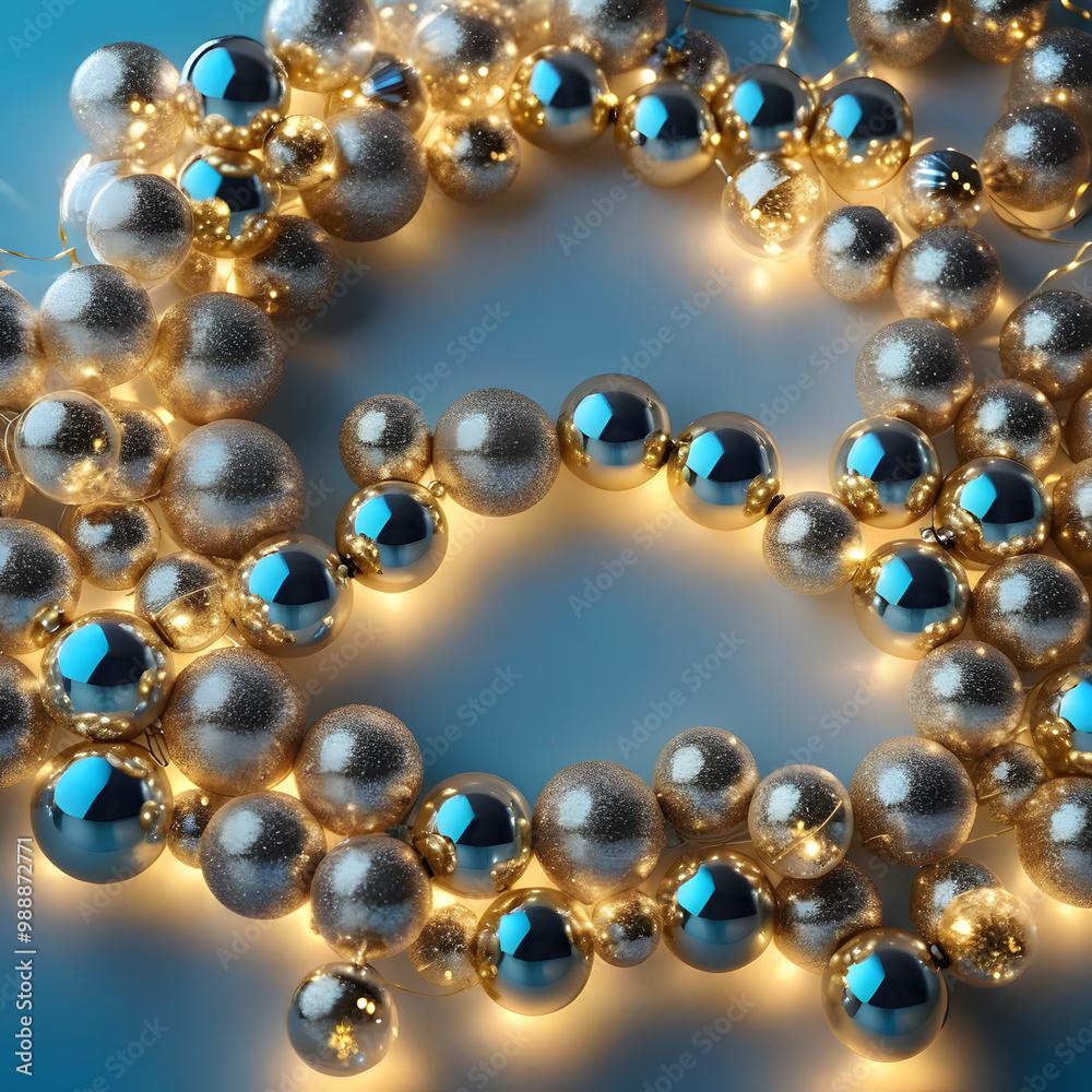 A garland of multiple clear glass balls with neon gold lights inside, set against a festive, blurred pastel blue background.