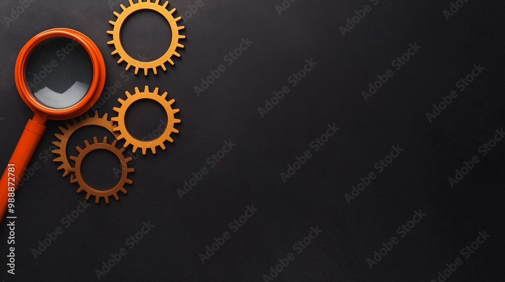 Magnifying Glass and Gears on Dark Background Magnifying Glass and Gears on Dark Background
