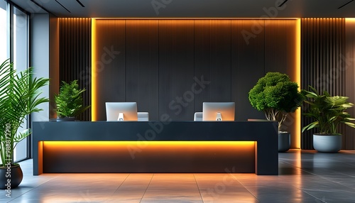 Sophisticated contemporary office reception with sleek dark counter, dual PCs, warm underlighting, and vibrant green potted plants, creating a welcoming atmosphere photo