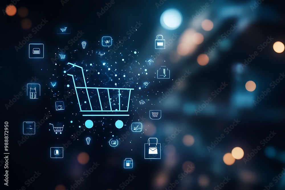E-commerce Technology Concept at Night with Shopping Cart Icon and Tech Elements E-commerce Technology Concept at Night with Shopping Cart Icon and Tech Elements