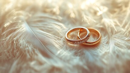 beautiful wedding rings on a soft light feather background showcasing elegant jewelry and love commitment for romantic wedding invitations and celebration