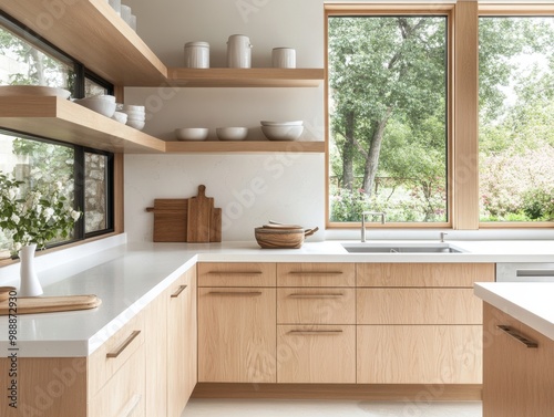 A kitchen with a white countertop and wooden cabinets. A sink is located in the middle of the kitchen