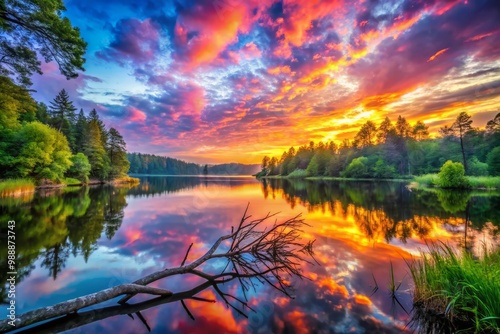 Vibrant sunrise landscape with bold brushstrokes and clashing colors, depicting a serene forest lake reflecting the intense hues of dawn, surrounded by lush foliage and twisted branches.