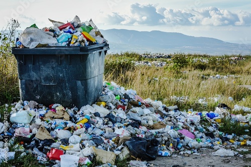 Wallpaper Mural A large heap of discarded plastic waste in a landfill, illustrating pollution and environmental challenges, with the sunset in the background. Torontodigital.ca