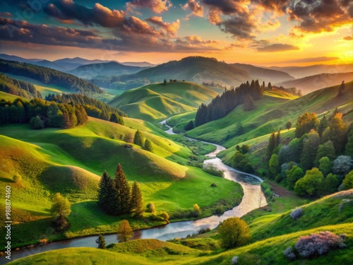 Gentle mountain slopes bask in the warm glow of a pastel sunrise with rolling hills of emerald green and sparkling streams meandering through the serene landscape.