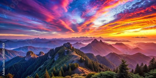 Vibrant sunrise colors bleed across the sky, casting a warm glow on the fantastical mountains, their ridges and valleys softly defined in lilac and blue. photo