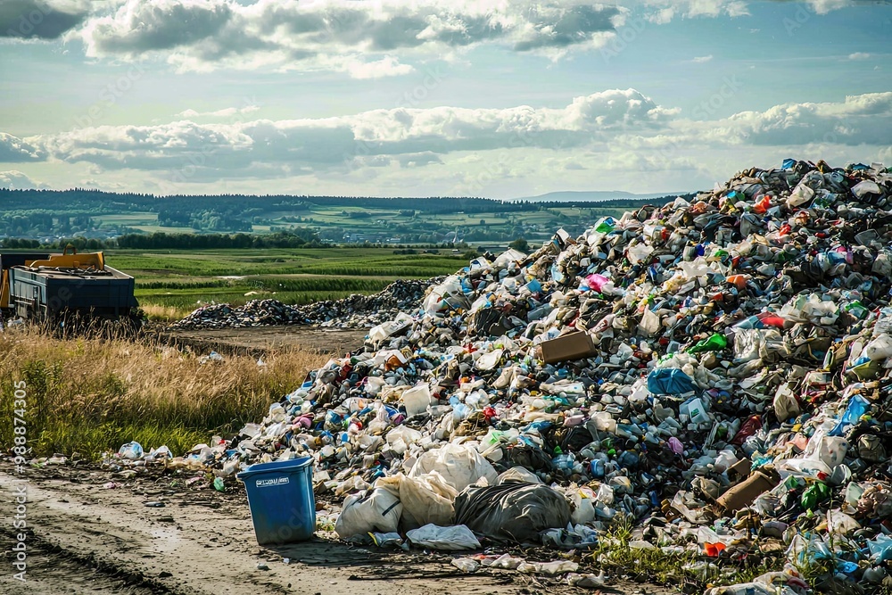 A large heap of discarded plastic waste in a landfill, illustrating pollution and environmental challenges, with the sunset in the background. A large heap of discarded plastic waste in a landfill, illustrating pollution and environmental challenges, with the sunset in the background.