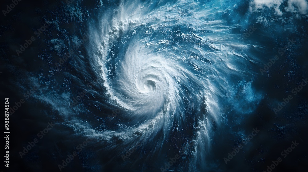 Vivid hurricane image displaying a swirling white storm over the deep blue ocean, capturing the intense spiral structure and dynamic weather pattern from above. Vivid hurricane image displaying a swirling white storm over the deep blue ocean, capturing the intense spiral structure and dynamic weather pattern from above.