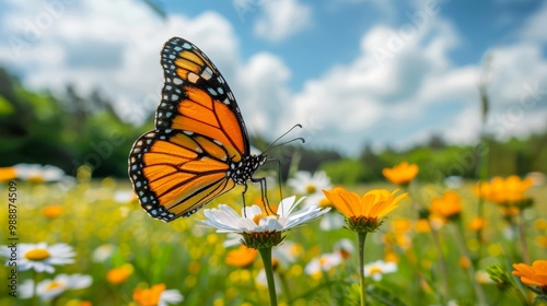 Monarch Butterfly Resting on a Daisy in a Vibrant Wildflower Meadow Under a Clear Blue Sky
