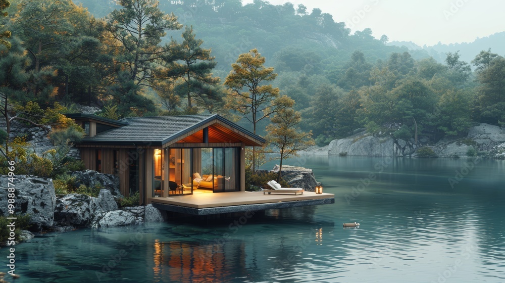 Cozy Modern Cabin by Serene Lake in Forested Mountain Landscape with Warm Interior Lighting Cozy Modern Cabin by Serene Lake in Forested Mountain Landscape with Warm Interior Lighting