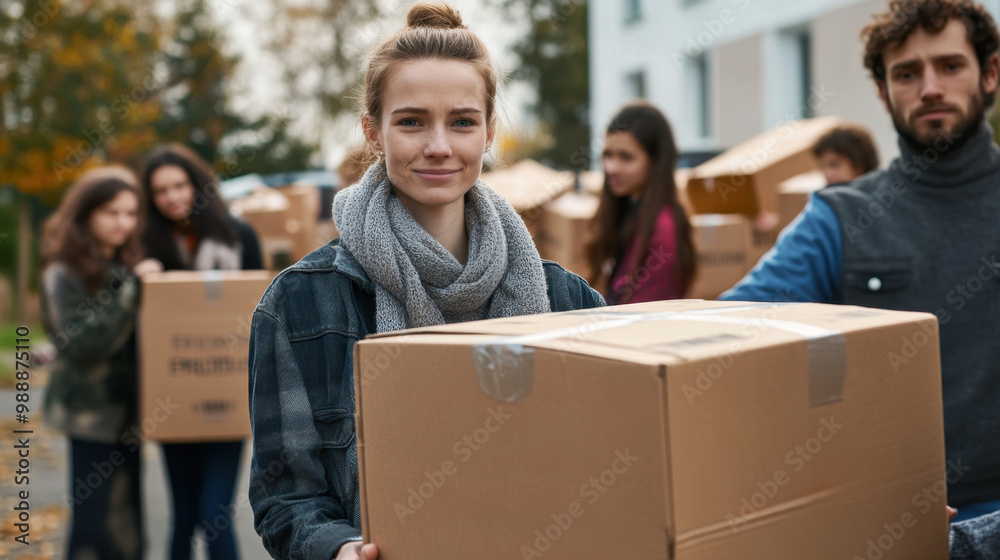 Empowered volunteers are actively participating in community donation campaign, showcasing teamwork and compassion as they carry boxes filled with essential items Empowered volunteers are actively participating in community donation campaign, showcasing teamwork and compassion as they carry boxes filled with essential items