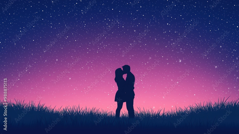 Silhouetted couple kissing under a starry night sky with a gradient background. Silhouetted couple kissing under a starry night sky with a gradient background.