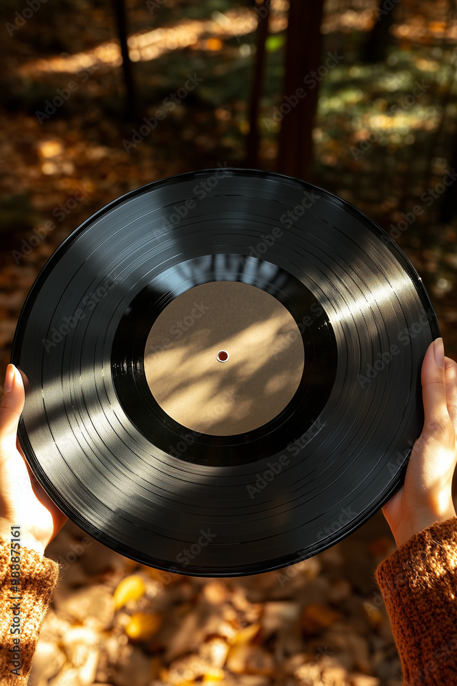 woman hands holding a vinyl record on autumn background woman hands holding a vinyl record on autumn background