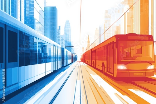 Stylized illustration of urban transport, featuring buses and trains.