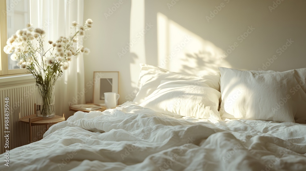 Cozy bedroom with unmade white linen bedding and fluffy pillows, capturing morning light in a minimalist decor that offers a clean, intimate hygge atmosphere. Cozy bedroom with unmade white linen bedding and fluffy pillows, capturing morning light in a minimalist decor that offers a clean, intimate hygge atmosphere.