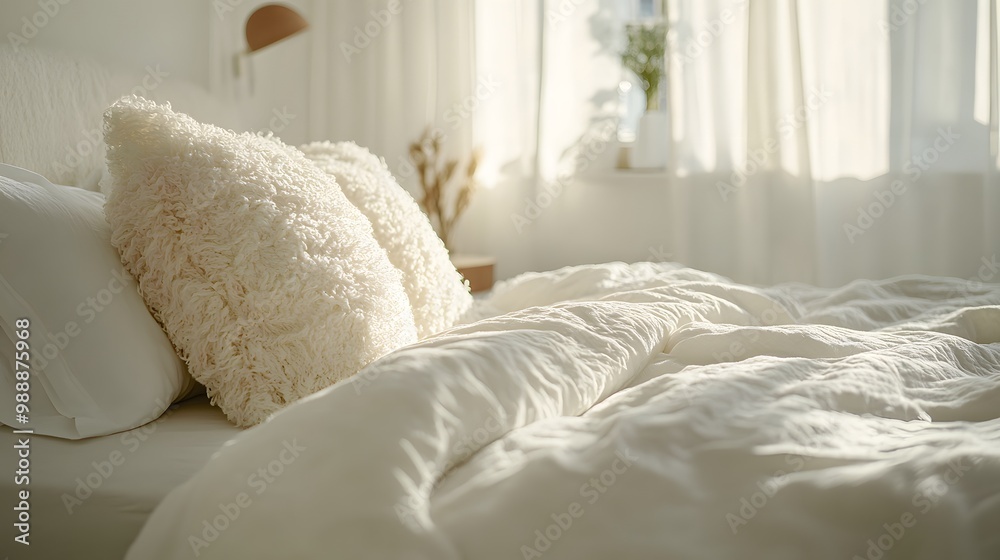 Cozy bedroom with unmade white linen bedding and fluffy pillows, capturing morning light in a minimalist decor that offers a clean, intimate hygge atmosphere. Cozy bedroom with unmade white linen bedding and fluffy pillows, capturing morning light in a minimalist decor that offers a clean, intimate hygge atmosphere.