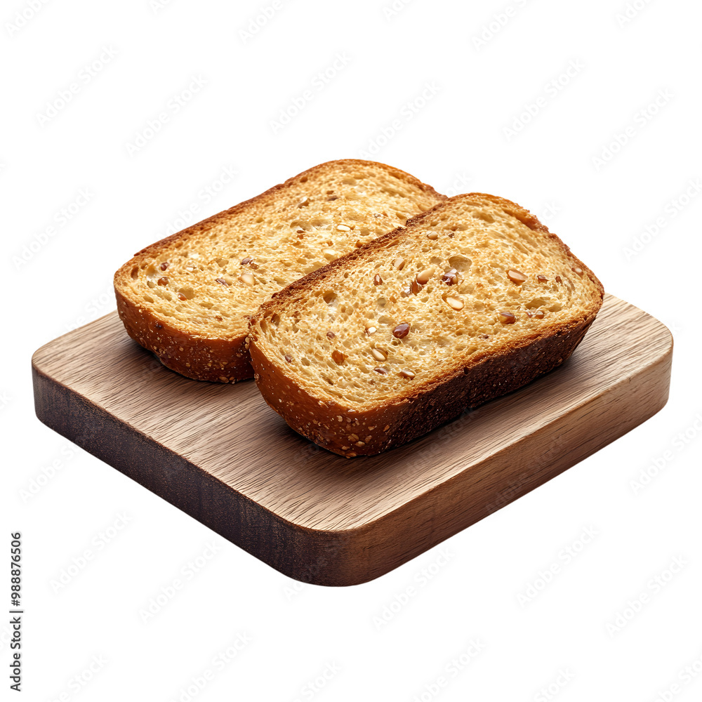 Healthy whole grain bread slices on wooden cutting board isolated on transparent background Healthy whole grain bread slices on wooden cutting board isolated on transparent background