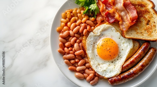 Full English breakfast with fried egg, bacon, sausages, and toast on a white marble table, presented with vivid colors, crispy textures, and gourmet detail.