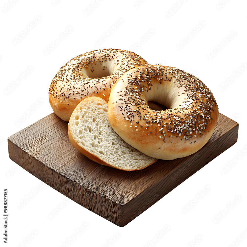 Freshly baked bagels with seeds on wooden board Freshly baked bagels with seeds on wooden board