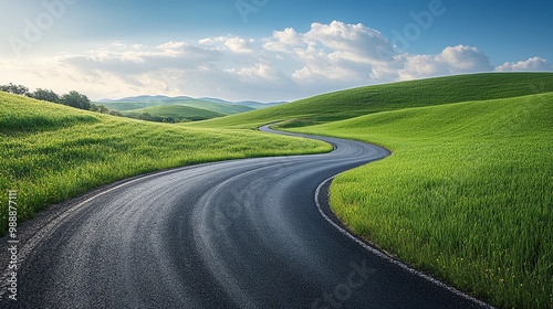 curvy road through a green grass landscape under a blue sky offering a scenic route for a peaceful countryside journey perfect for summer road adventures and outdoor travel