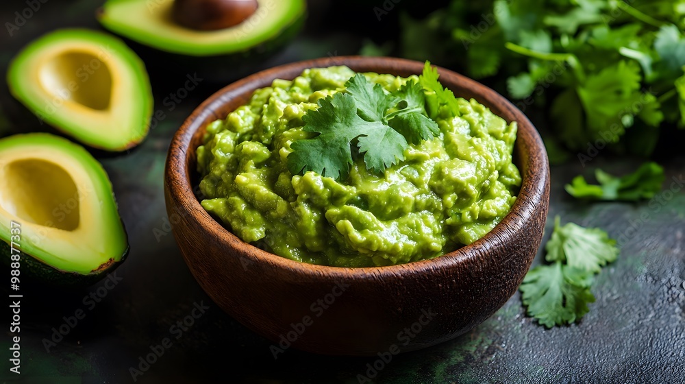 Guacamole in a wooden bowl with fresh avocado halves and cilantro, set against an avocado green background, emphasizing vibrant colors and creamy texture. Guacamole in a wooden bowl with fresh avocado halves and cilantro, set against an avocado green background, emphasizing vibrant colors and creamy texture.