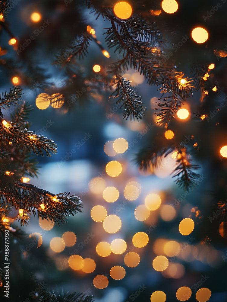 custom made wallpaper toronto digitalChristmas night. Christmas tree branches with lights. Blurred blue background, snowfall, golden lights and bokeh. Festive magical atmosphere. New Year. Copycpace for your text.