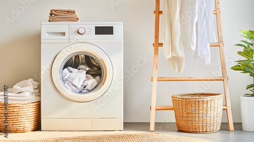 Washing machine, detergents, houseplant and ladder in laundry room