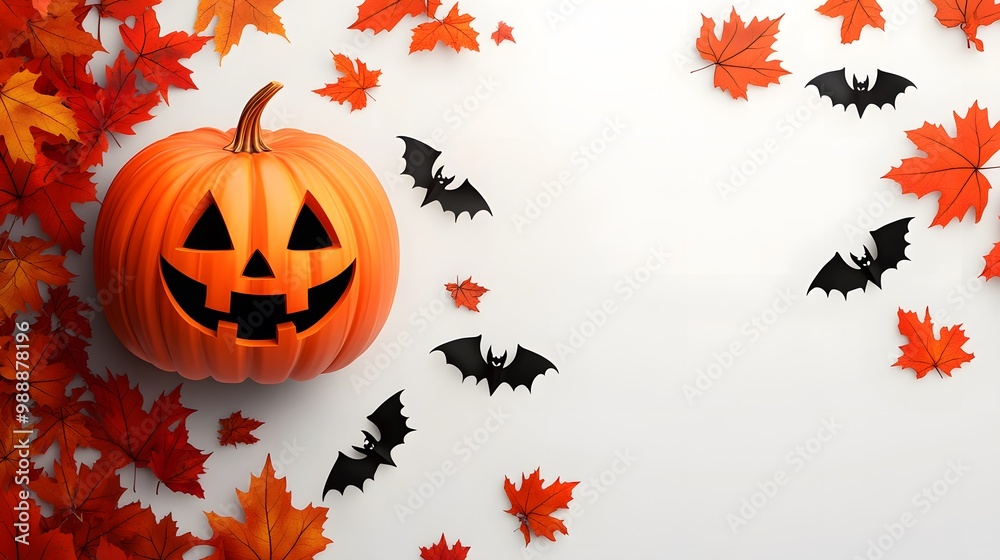 Halloween scene with a jack-o'-lantern pumpkin, orange and red maple leaves, and black bat silhouettes on a white background in a clean festive design.