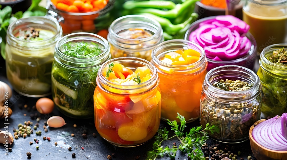 A variety of colorful pickled vegetables in glass jars beautifully displayed on a table with fresh herbs and spices, showcasing vibrant flavors and healthy food preparation A variety of colorful pickled vegetables in glass jars beautifully displayed on a table with fresh herbs and spices, showcasing vibrant flavors and healthy food preparation