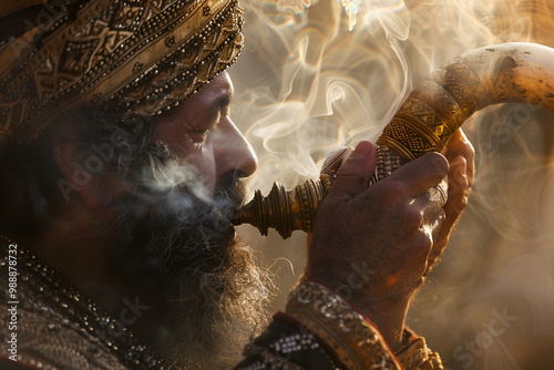 Man blowing shofar surrounded by smoke during Yom Kippur ceremony