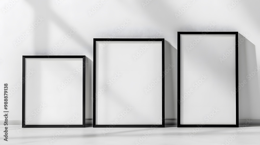 Minimalist photo frames with black wooden borders and empty white canvases against a white wall, showcasing a clean aesthetic with simple, geometric composition. Minimalist photo frames with black wooden borders and empty white canvases against a white wall, showcasing a clean aesthetic with simple, geometric composition.