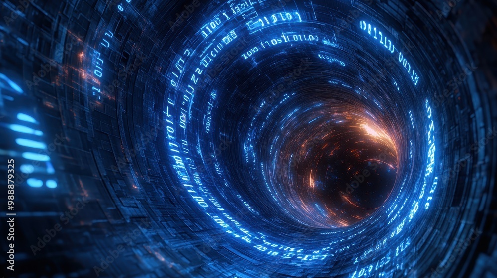 Obraz premium A swirling vortex of blue binary code illuminated by glowing orange sparks, creating a mesmerizing tunnel effect