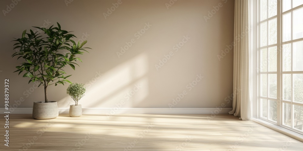 A large window with white curtains and a plant in a pot. The room is empty and has a lot of natural light A large window with white curtains and a plant in a pot. The room is empty and has a lot of natural light