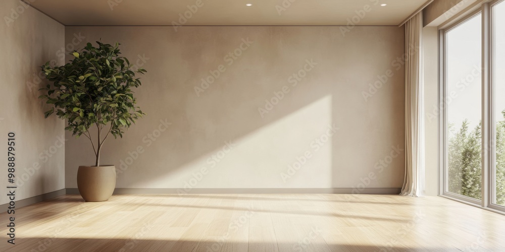 A large empty room with a large potted plant in the corner. The plant is in a large pot and is placed on a wooden floor