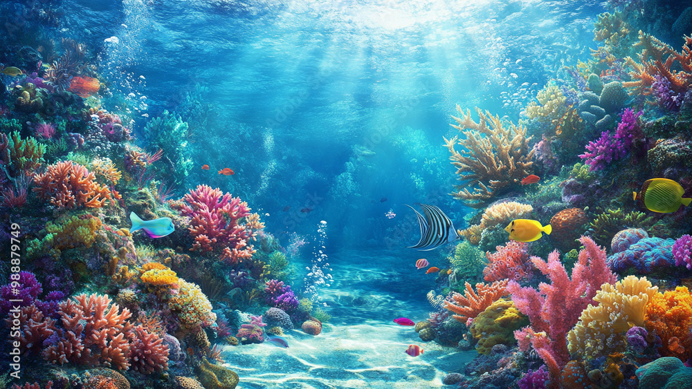 Fototapeta premium Underwater Oasis : An enchanting view of an underwater scene with coral reefs, colorful fish, and maybe a sunken treasure, for a touch of adventure and mystery for wallpaper