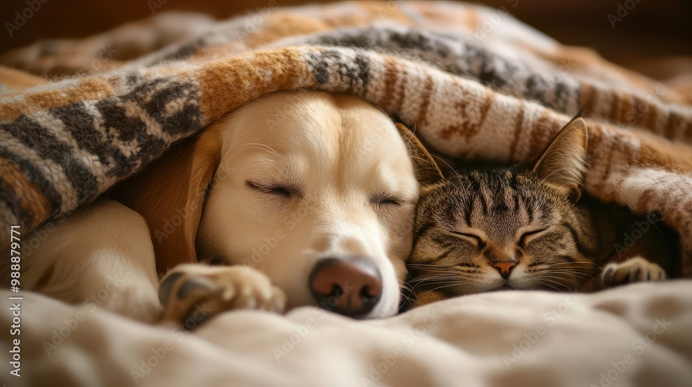 Obraz premium A Cozy Scene of a Dog and Cat Cuddled Together Under a Blanket, Perfect for Animal Lovers and Comfort-Themed Projects