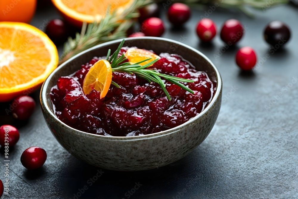 Bowl of cranberry sauce garnished with rosemary, surrounded by fresh cranberries and orange halves on a dark background